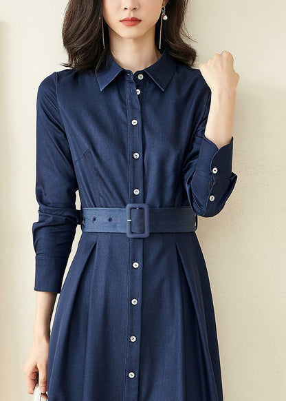 Peter Pan Collar Button Belt Pleated A-Line Midi Shirt Dress
