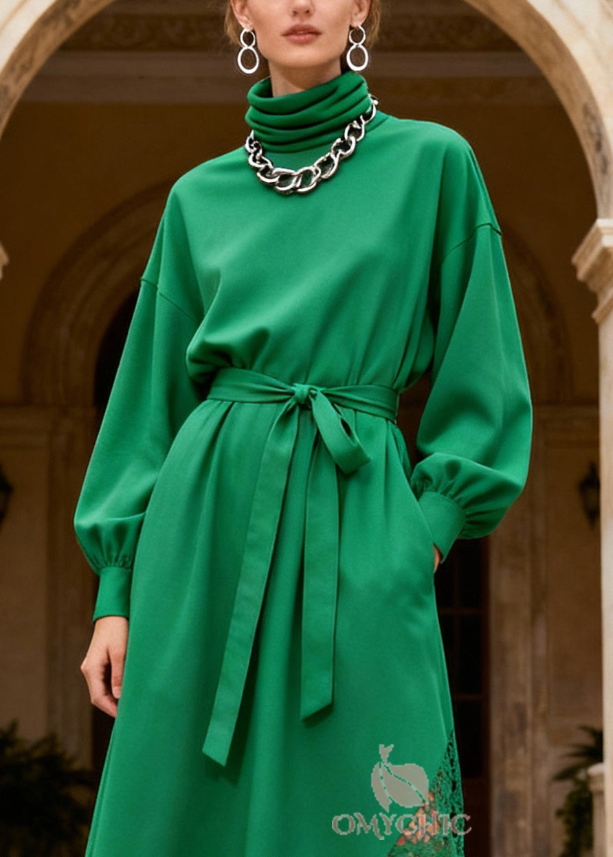 Turtleneck Sash Tie Lace Panel Insert Handkerchief Hem Midi Dress