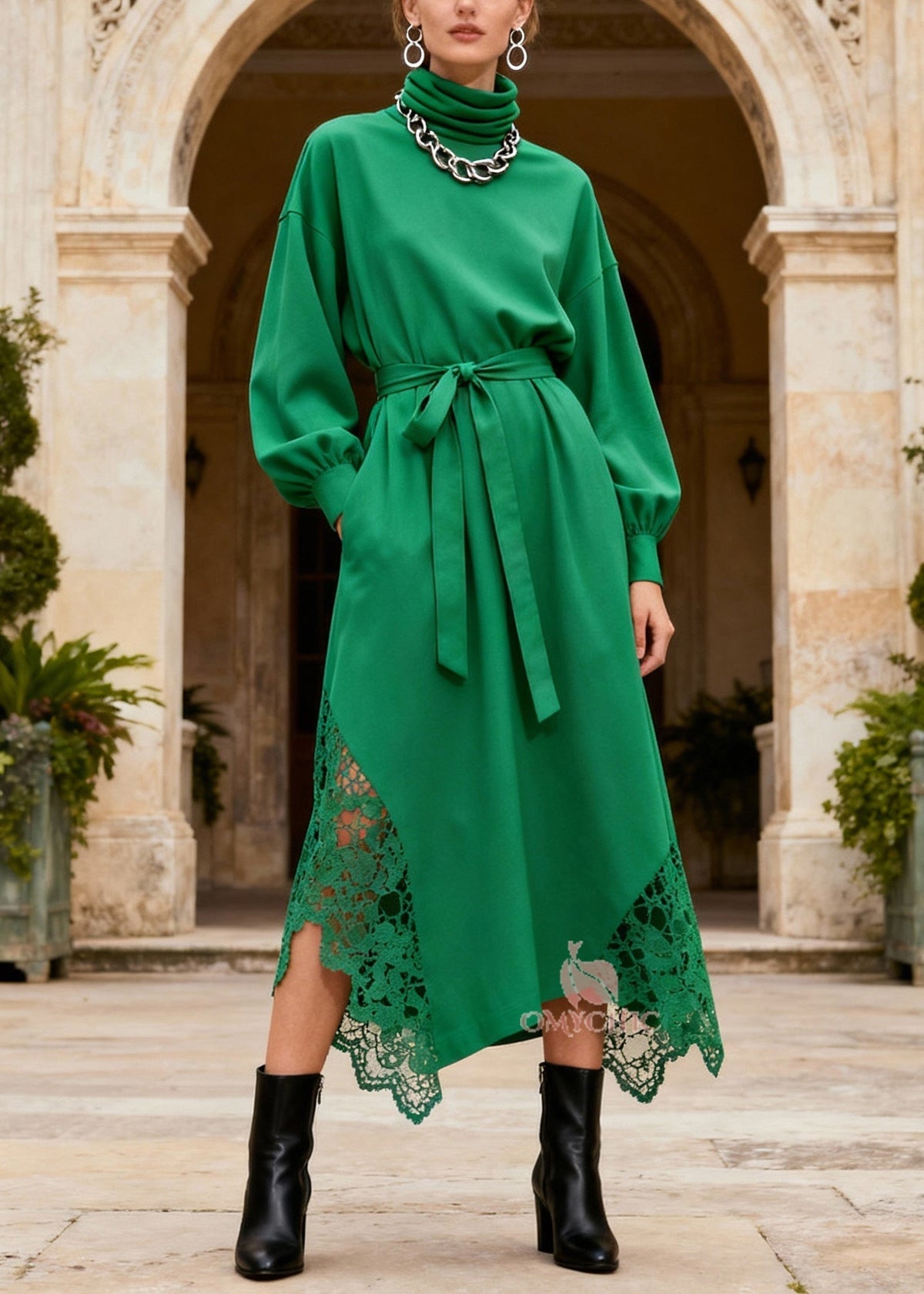 Turtleneck Sash Tie Lace Panel Insert Handkerchief Hem Midi Dress