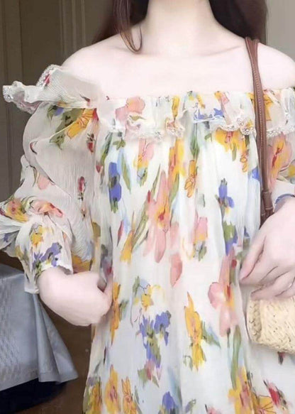 Off Shoulder Ruffle Trim Floral Print Bishop Sleeve Maxi Dress