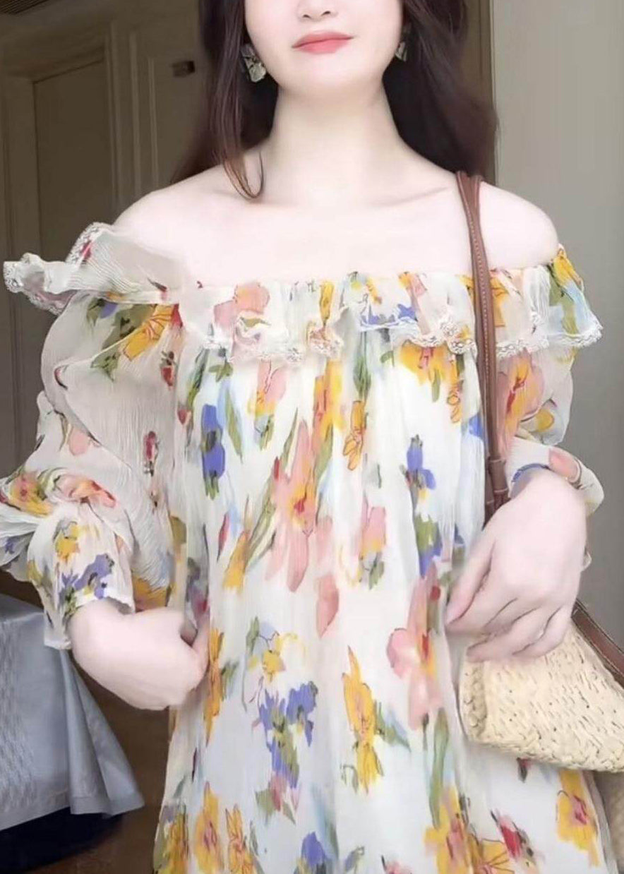 Off Shoulder Ruffle Trim Floral Print Bishop Sleeve Maxi Dress