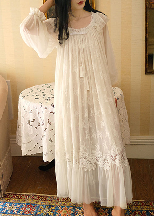 Scoop Neck Puff Sleeve Tassel Bow Lace Tiered Tulle Ruffle Maxi Gown