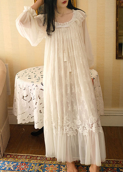 Scoop Neck Puff Sleeve Tassel Bow Lace Tiered Tulle Ruffle Maxi Gown