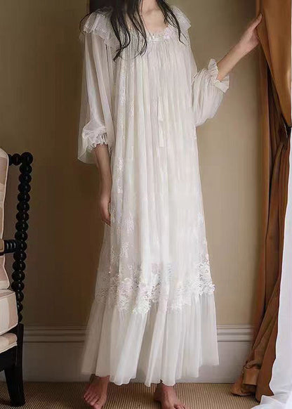 Scoop Neck Puff Sleeve Tassel Bow Lace Tiered Tulle Ruffle Maxi Gown