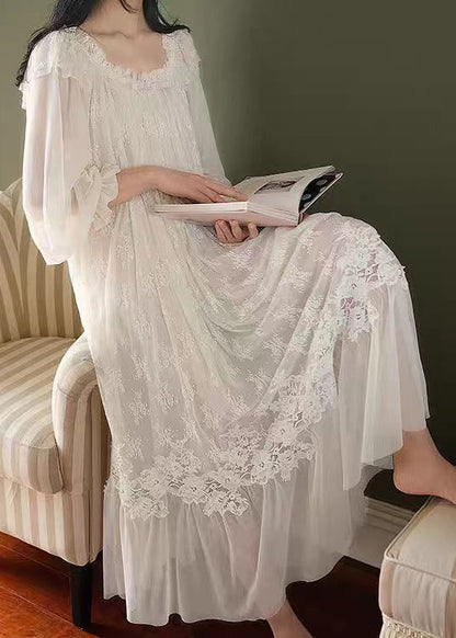 Scoop Neck Puff Sleeve Tassel Bow Lace Tiered Tulle Ruffle Maxi Gown