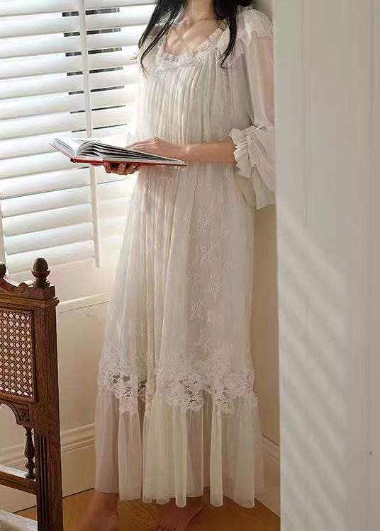 Scoop Neck Puff Sleeve Tassel Bow Lace Tiered Tulle Ruffle Maxi Gown
