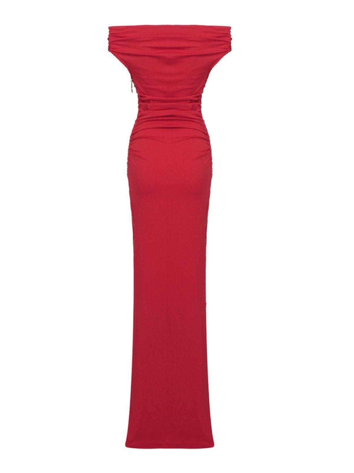 Off Shoulder Ruched Exposed Zip Side Slit Column Maxi Dress