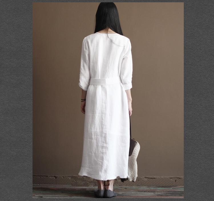 V Neck Button Front Long Sleeve Tie Waist Side Slit Shirt Maxi Dress