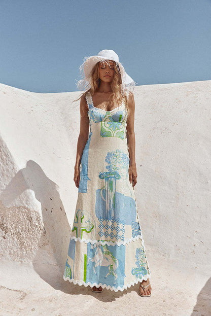 Scoop Neck Crochet Trim Mediterranean Print Tiered Maxi Dress