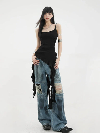 Black Asymmetric Ribbon Strap Tank Top With Ruffle Edge Design