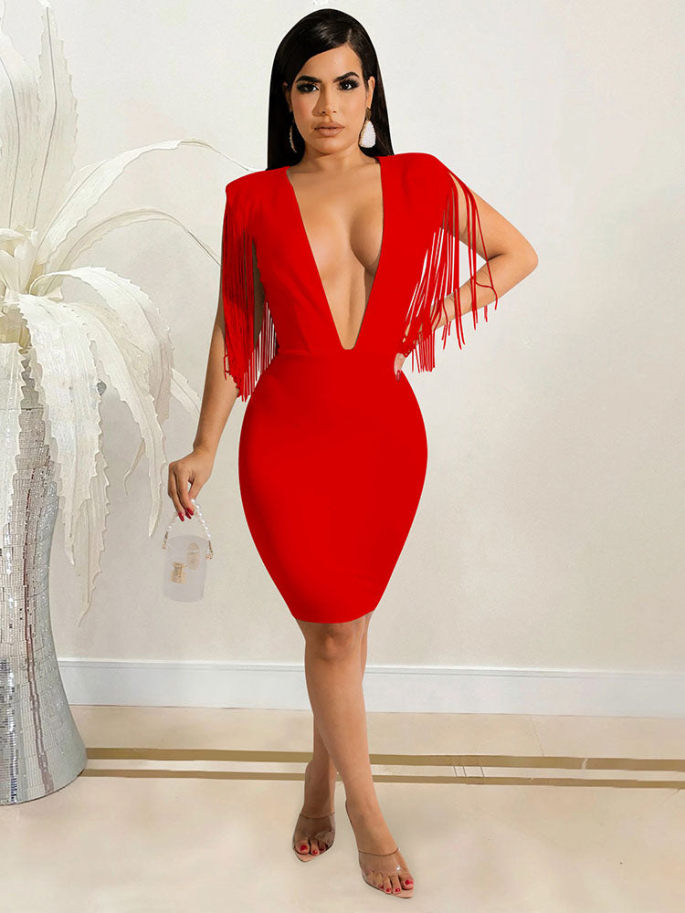 Deep V Neck Spaghetti Strap Classic Ruched Party Mini Dress - Red