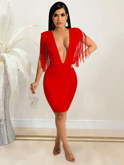 Deep V Neck Spaghetti Strap Classic Ruched Party Mini Dress - Red