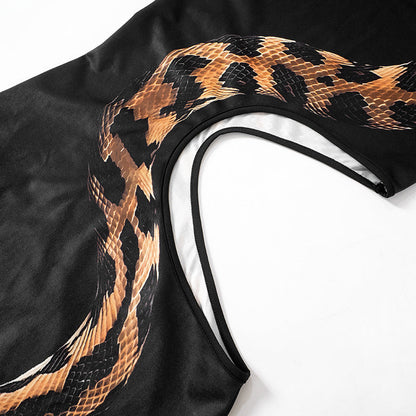 Crew Neck Snake Print Side Cutout High Slit Maxi Dress