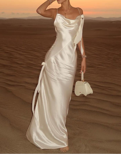 Cowl Neck Spaghetti Strap Rosette Drape Satin Maxi Dress