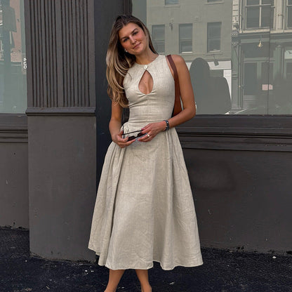 Keyhole Cutout High Neck Smocked Waist A Line Midi Dress