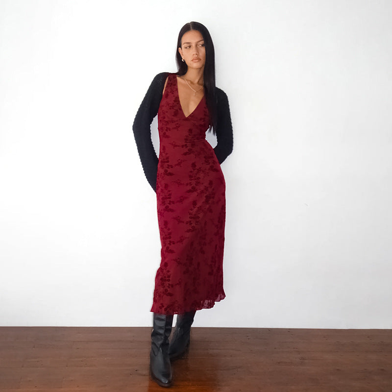 Floral Burnout Deep V-Neck Wide Strap Sheer Hem Midi Dress