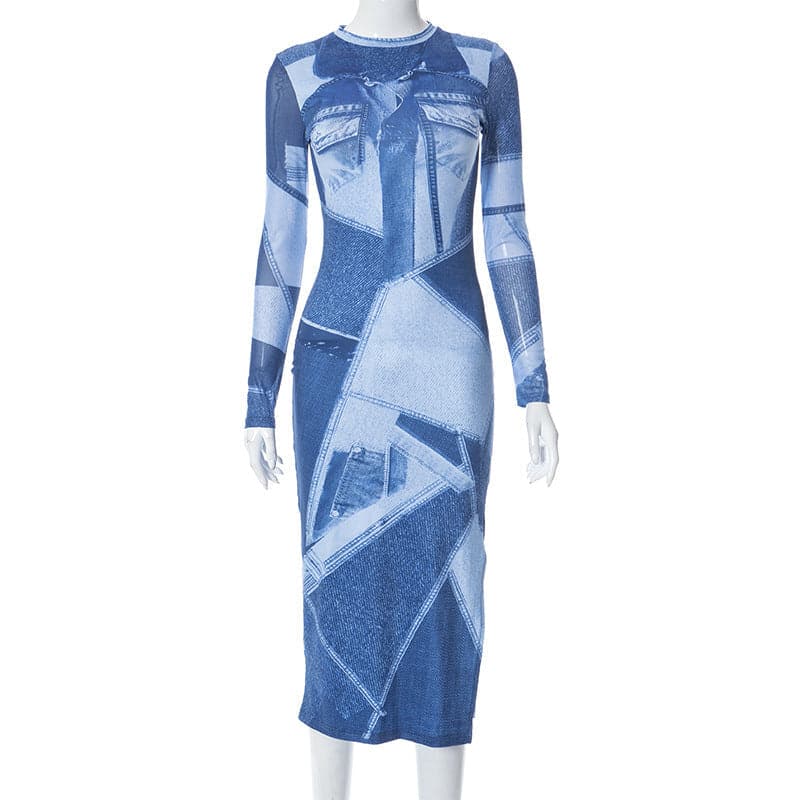 Crew Neck Faux Denim Patchwork Print Long Sleeve Bodycon Midi Dress
