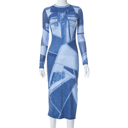 Crew Neck Faux Denim Patchwork Print Long Sleeve Bodycon Midi Dress