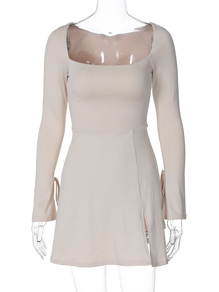 Square Neck Long Sleeve Tie Cuff Slit Knit Mini Dress