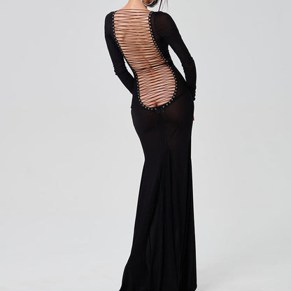 Backless strappy long-sleeved extra-long dress