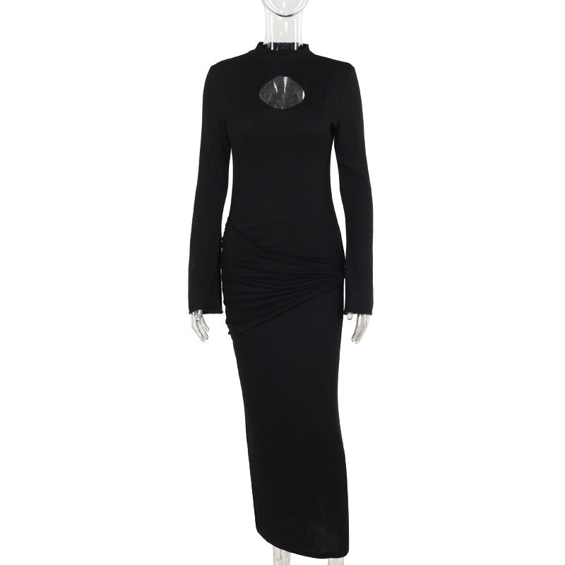 Mock Neck Keyhole Cutout Bell Sleeve Ruched Hip Bodycon Maxi Dress