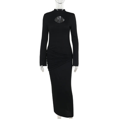 Mock Neck Keyhole Cutout Bell Sleeve Ruched Hip Bodycon Maxi Dress