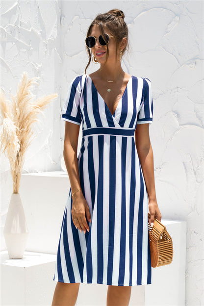 Surplice V Neck Short Sleeve Vertical Stripe Midi Dress