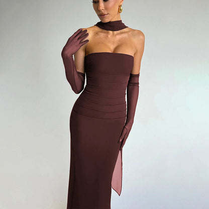 Strapless Tiered Panel Maxi Dress With Gloves Set