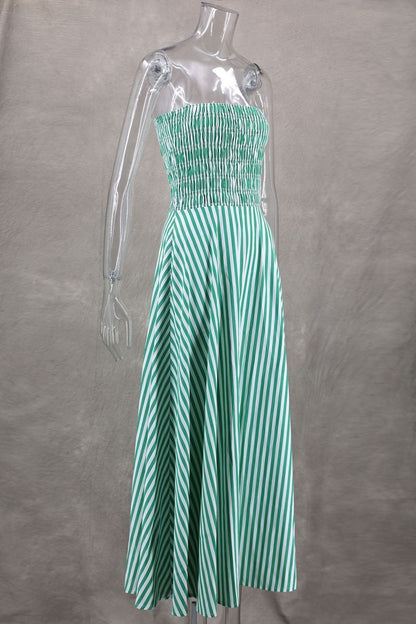 Strapless Shirred Striped Flowy Maxi Dress