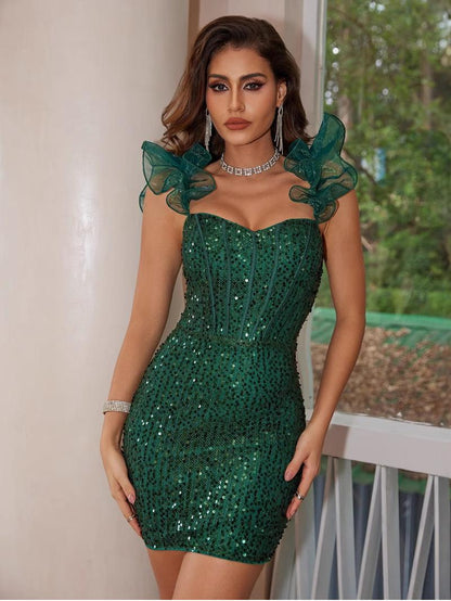 Off-Shoulder Sweetheart Corset Sequin Embellished Ruffle Sleeve Mini Dress