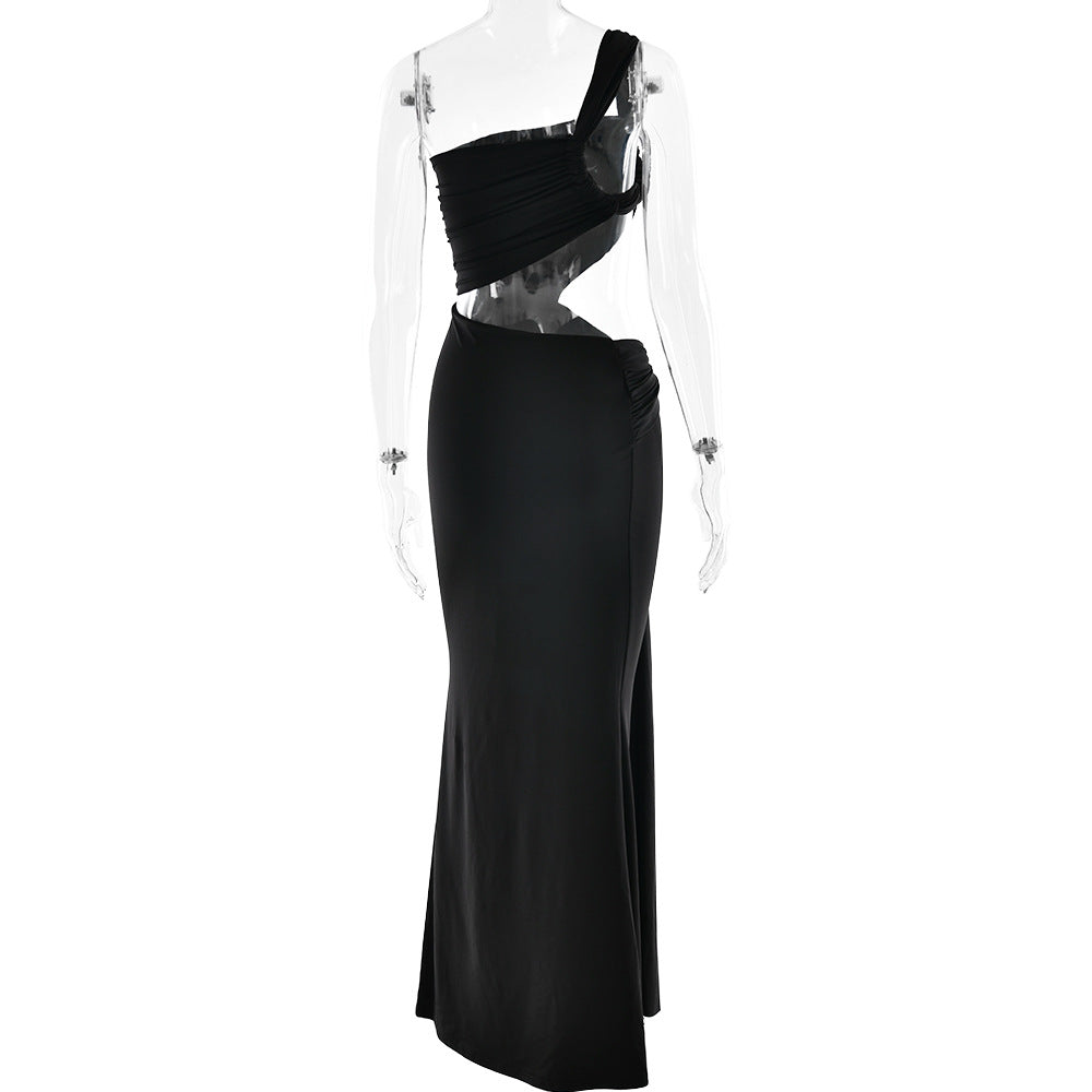 One Shoulder Triangular Cutout Ruched Hip Twist Drape Maxi Dress