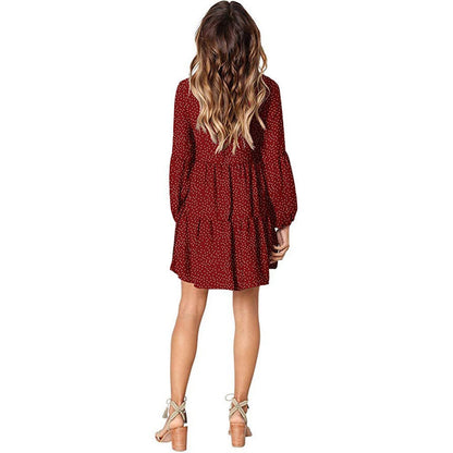 V Neck Lantern Sleeve Tiered Polka Dot Babydoll Mini Dress