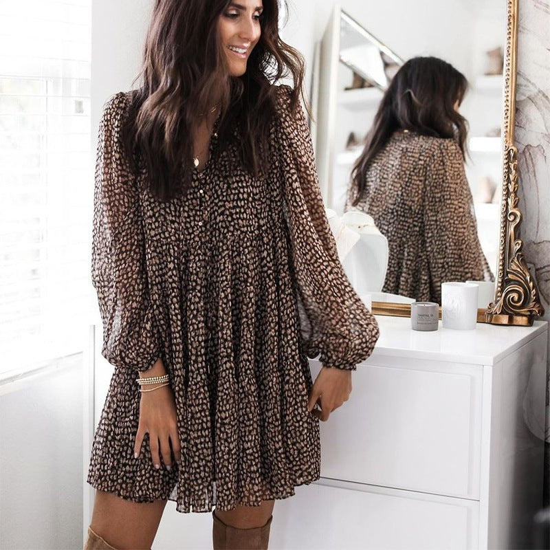 V-Neck Button Front Balloon Sleeve Tiered Floral Babydoll Mini Dress