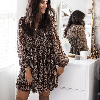 V-Neck Button Front Balloon Sleeve Tiered Floral Babydoll Mini Dress