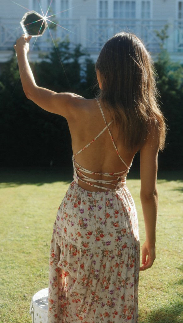 Spaghetti Strap Tiered Ruffle Ditsy Floral Maxi Dress