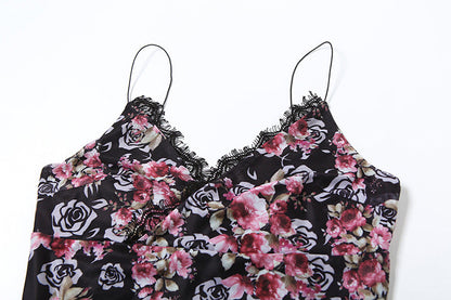 spring new women's seaside hottie vacation style sexy V-neck lace splicing floral suspender dress