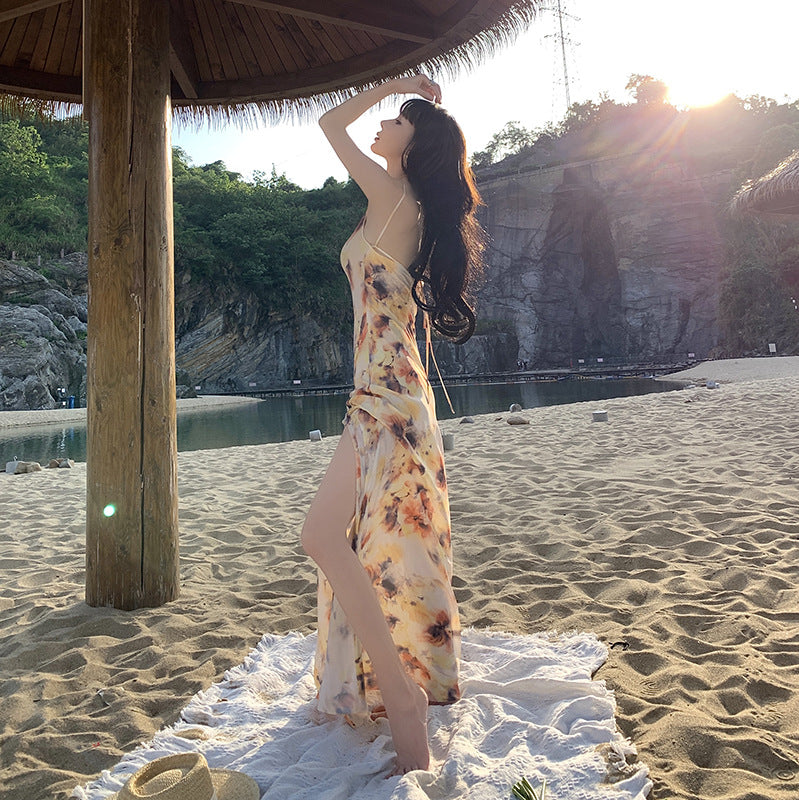 Spaghetti Strap Cowl Neck Abstract Floral Print High Slit Maxi Dress