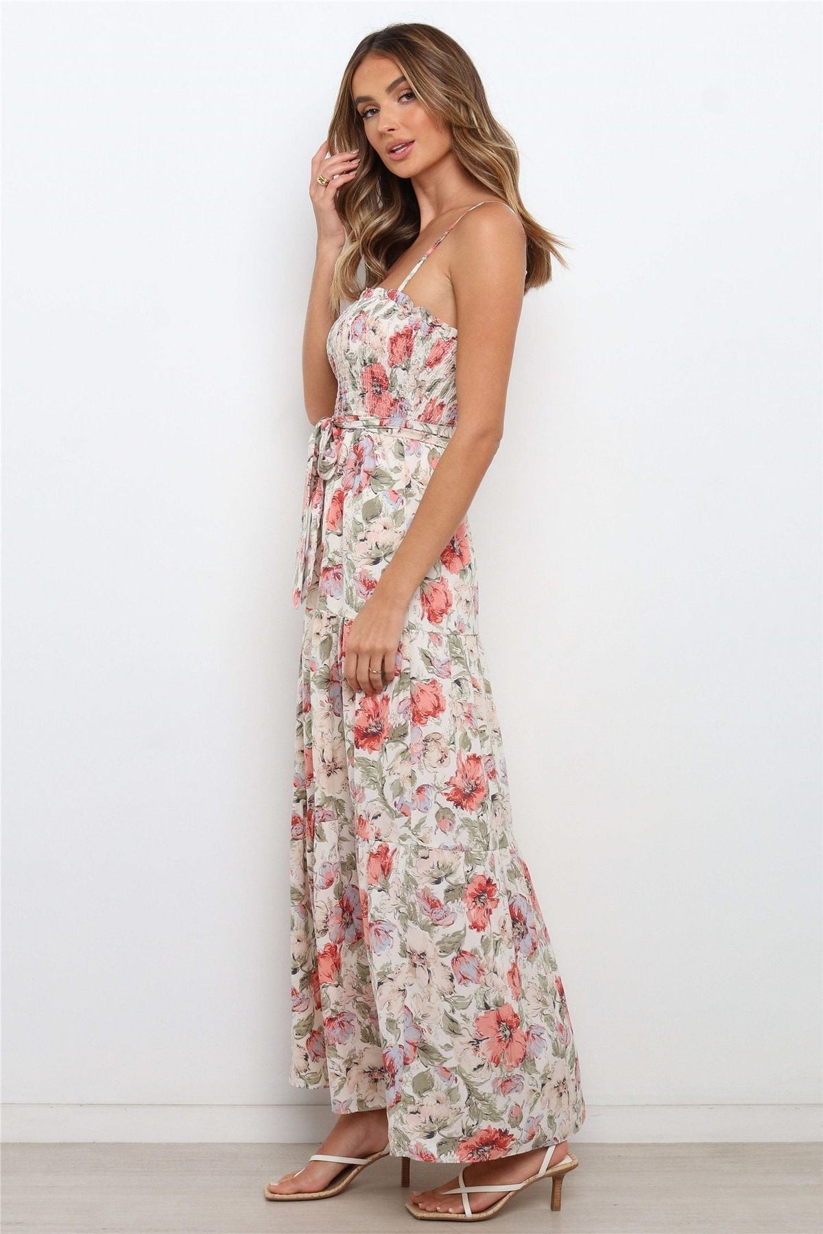 Spaghetti Strap Smocked Tie Waist Tiered Floral Maxi Dress