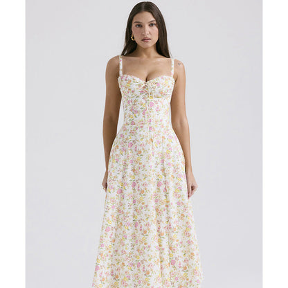Floral Bustier Lace-Up Cami Strap Flared Midi Dress