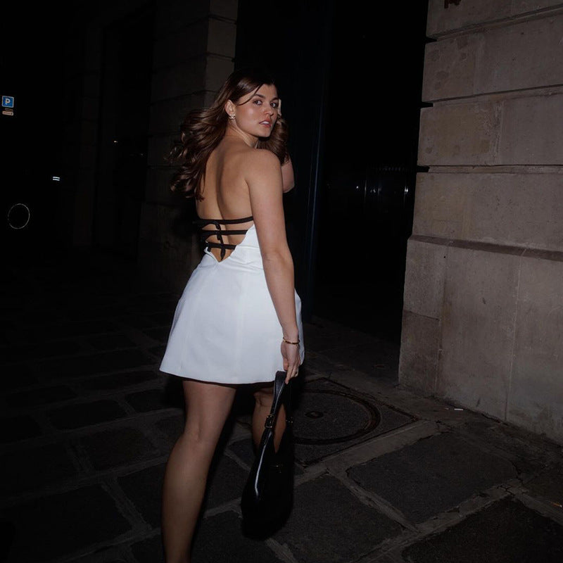 Strapless Open Back Criss Cross Strap Flared Mini Dress