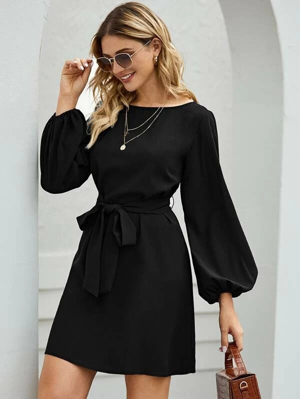 Boat Neck Lantern Sleeve Tie Waist A Line Mini Dress