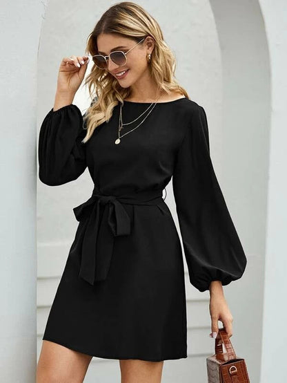 Boat Neck Lantern Sleeve Tie Waist A Line Mini Dress