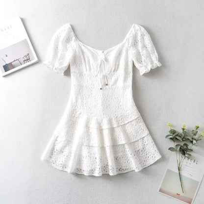Eyelet Lace Tie Front Puff Sleeve Tiered Ruffle Mini Dress
