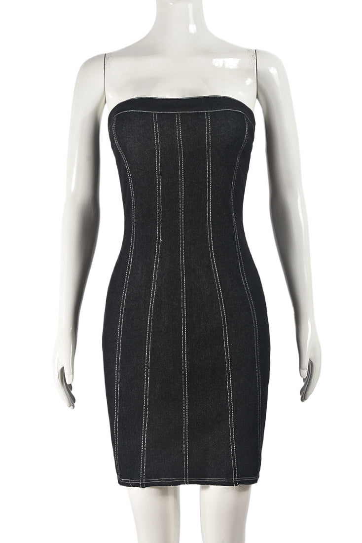 Black Strapless Distressed Denim Bodycon Mini Dress