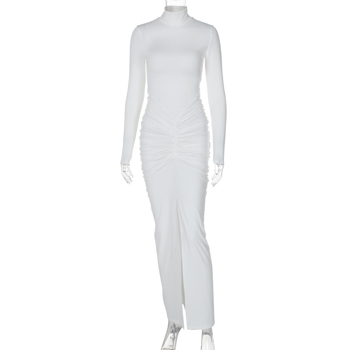 Mock Neck Long Sleeve Front Drape Gathered Bodycon Maxi Dress