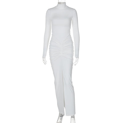 Mock Neck Long Sleeve Front Drape Gathered Bodycon Maxi Dress