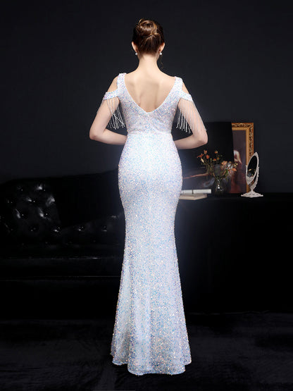 Shiny slim fishtail evening dress