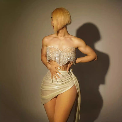 Strapless Fringe Corset Top Draped High Slit Sequin Mini Skirt Set