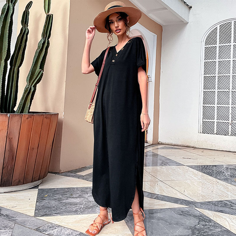 Crew Neck Short Sleeve Cotton Blend T Shirt Midi Dress