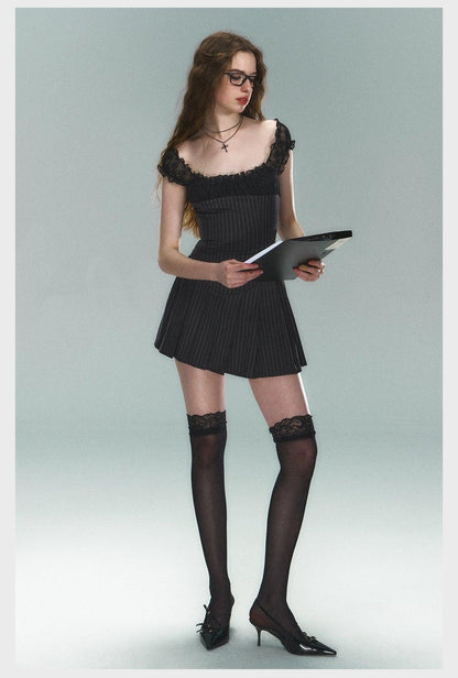 Pinstripe Lace-Trim Mini Dress - Women'S Cap Sleeve Square Neck Fit And Flare Cocktail Dress